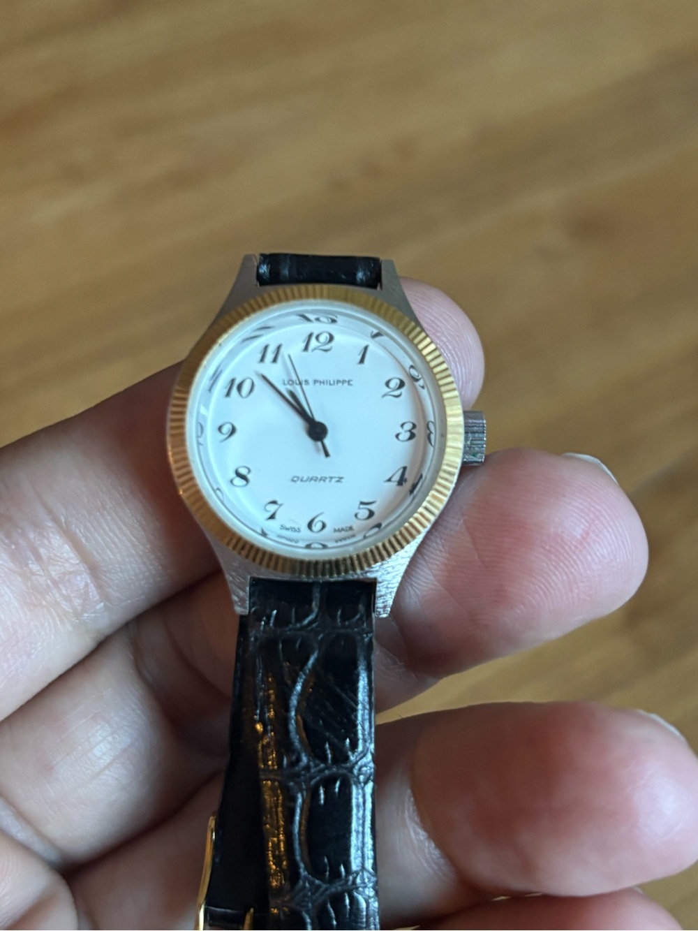 Vintage Louis Philippe White Dial Watch with Gold Bezel and Black Strap 1970 !
